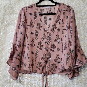 Floral bell sleeve button down pink bohemian front tie medium blouse